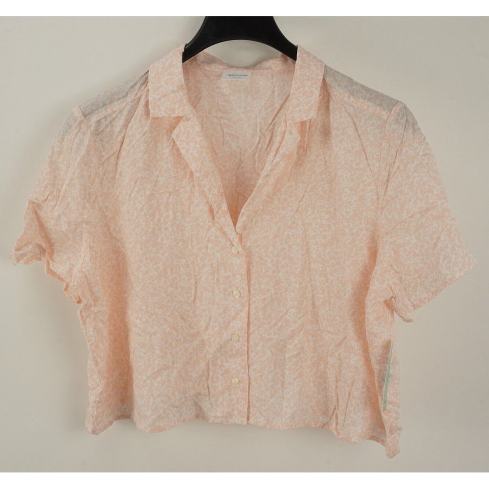 New ABOUND‎ Women's Size L Pink & White Spotted Sheer Cropped Open Collar Blouse